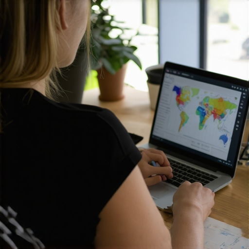 Business owner reviewing local SEO analytics on laptop with charts and maps