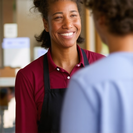 Business owner engaging with community members in front of storefront