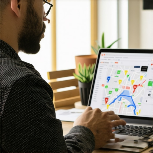 Business owner reviewing local SEO and map optimization strategies on a laptop.