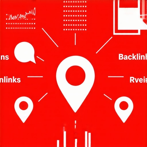 Infographic illustrating local SEO ranking factors including citations, backlinks, reviews, and community engagement