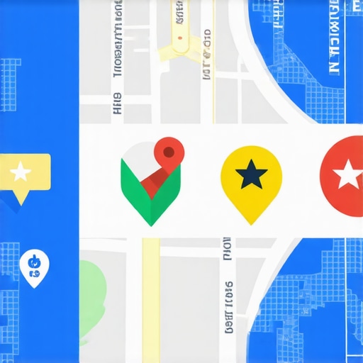 Illustration of a person optimizing a Google My Business profile with maps and review icons.