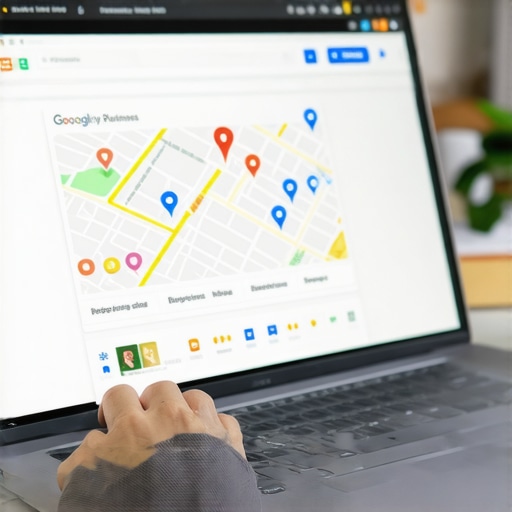 Business owner updating Google My Business profile on a laptop showing local maps and reviews.