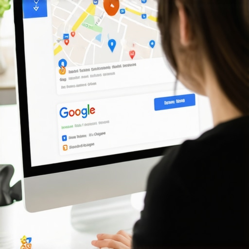 Person updating Google My Business profile on a laptop with local icons.