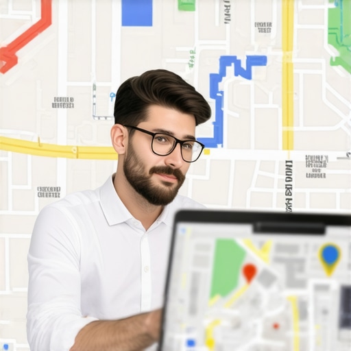 Business owner updating GMB profile on laptop with city map background.
