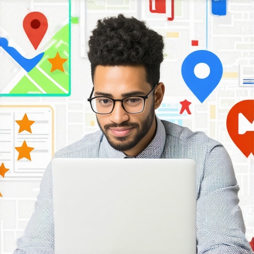 Person optimizing Google My Business profile on a laptop surrounded by local map icons.
