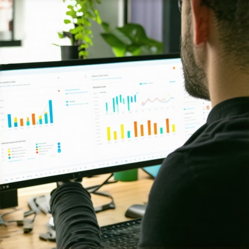 A digital marketer reviewing SEO analytics on a computer monitor with citation and ranking metrics.