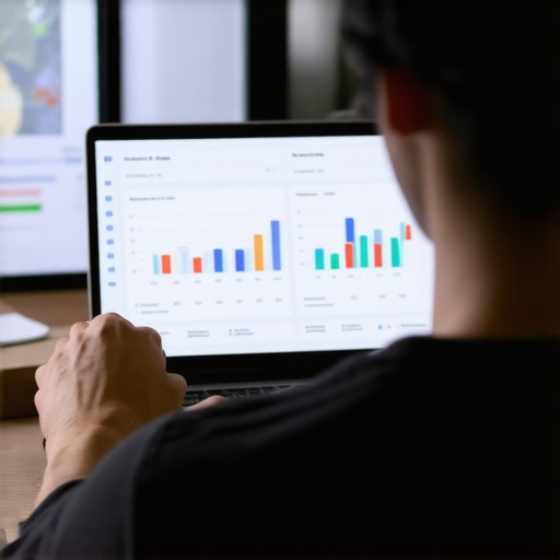 Analytics and Tools for Local SEO Maintenance Person analyzing local SEO analytics on a laptop, with charts and maps in the background.