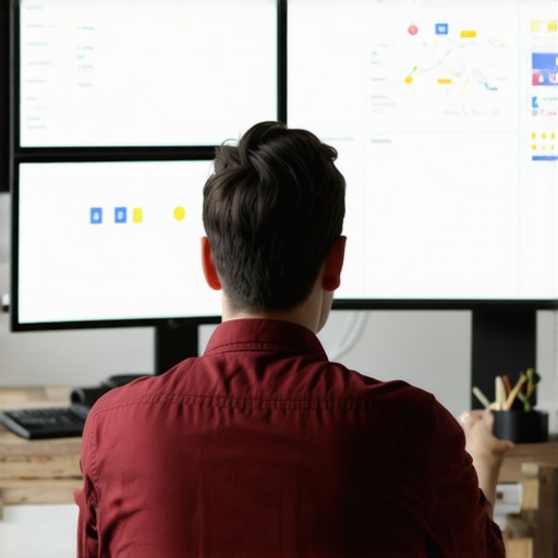 A professional examining local map rankings and SEO analytics on computer screens.