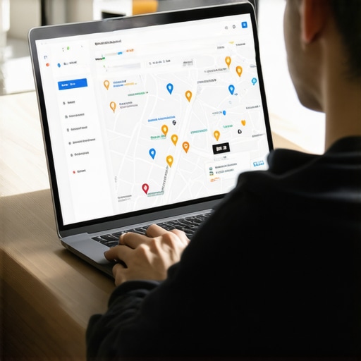 Google Business Profile Optimization Person working on local business profile on laptop with maps and analytics.