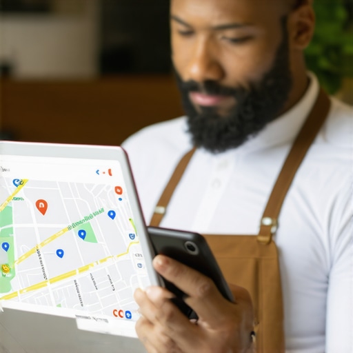 Person updating business profile on Google Maps with devices