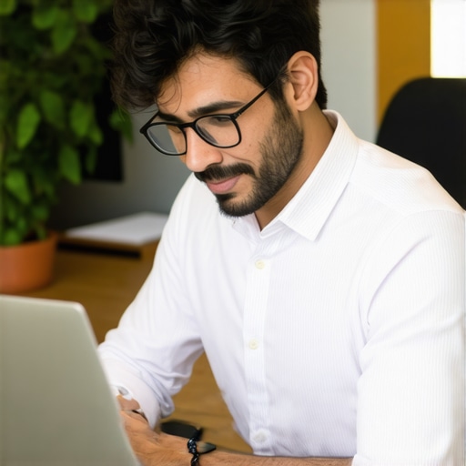 Business owner working on Google My Business profile with laptop and checklist