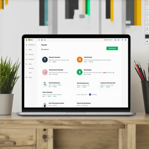 Workspace with Local SEO Tools Person managing local SEO with multiple devices and analytics dashboards in a modern office setting.