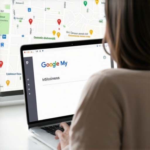 Person editing Google My Business profile on a laptop with local map in the background.