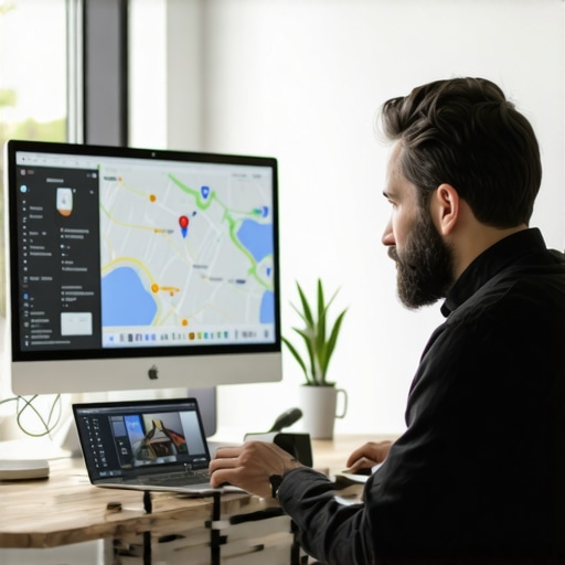 Business owner updating Google My Business listing with new photos and details.