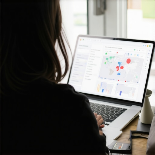 Person monitoring local SEO tools on a laptop, focusing on maps and analytics dashboards.
