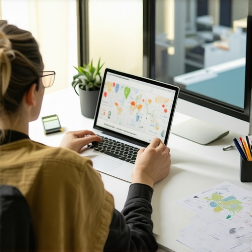 An individual analyzing local SEO data on multiple screens, including maps and ranking charts.