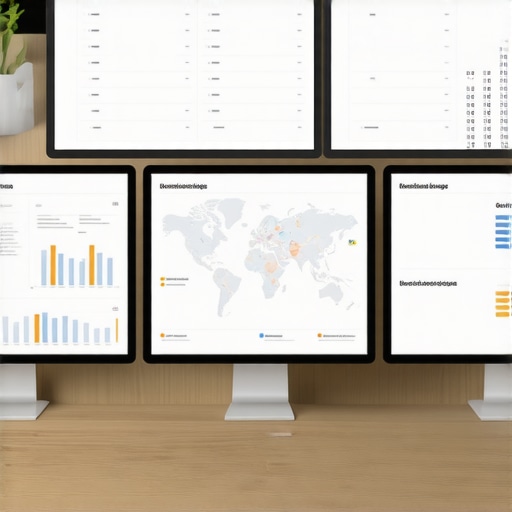 Multiple screens showing local SEO dashboards, maps, and ranking charts