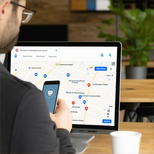 Business owner correcting geo-coordinates on Google Maps through a GPS device and computer