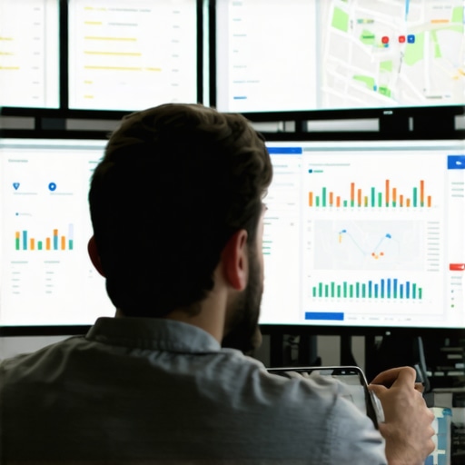 Person reviewing local search rankings on computer monitors.