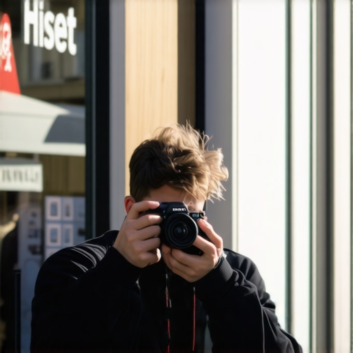 Photographer capturing a clear, well-lit photo of a modern storefront for local SEO optimization