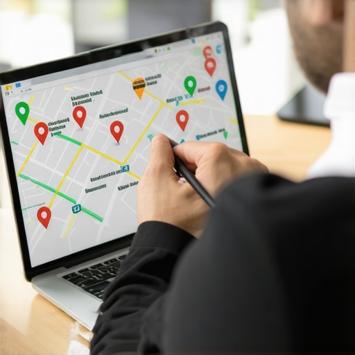 Person analyzing local SEO signals on a laptop surrounded by map and review icons