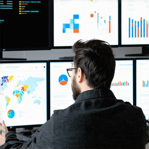 A professional analyzing SEO performance metrics for local business rankings on digital screens.