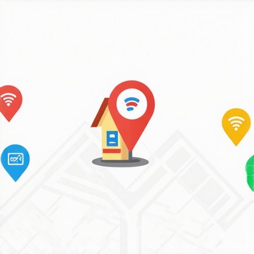 Signals Boosting Local Ranking A visual illustration of signals like Wi-Fi, GPS, and user interactions enhancing a local business listing on Google Maps.
