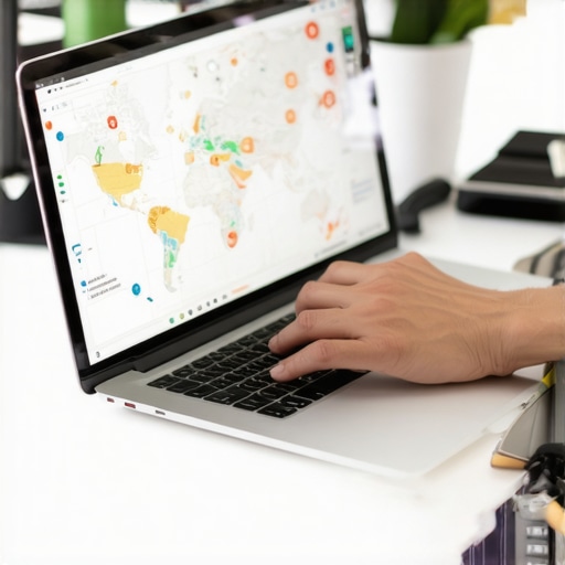 Person analyzing local SEO data on a laptop with map and ranking tools open.